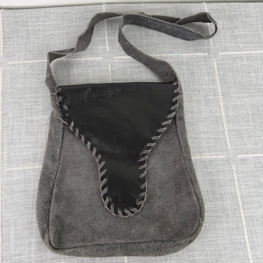 John Wind Made in Italy Leather Satchel Gray Black Suede Shoulder Bag